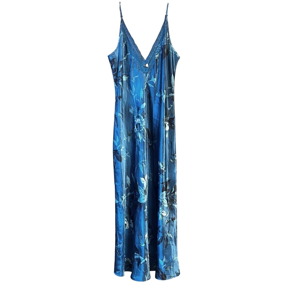 California Dynasty 90s Blue Floral Satin Lace Trim Nightgown Slip Dress Medium